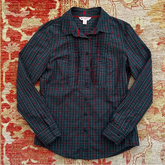 Vintage Brooks Brothers green black red tartan plaid button down tuxedo shirt - Picture 1 of 13